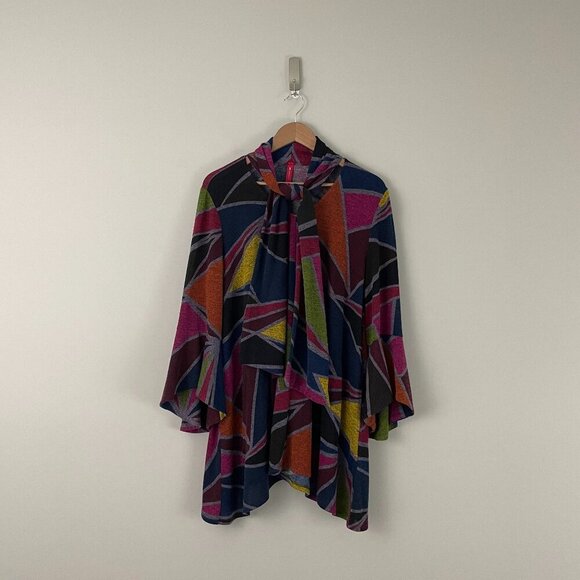 IC by Connie K Bell Sleeve Geometric Knit Tie Neck Tunic Size Large - Picture 1 of 6